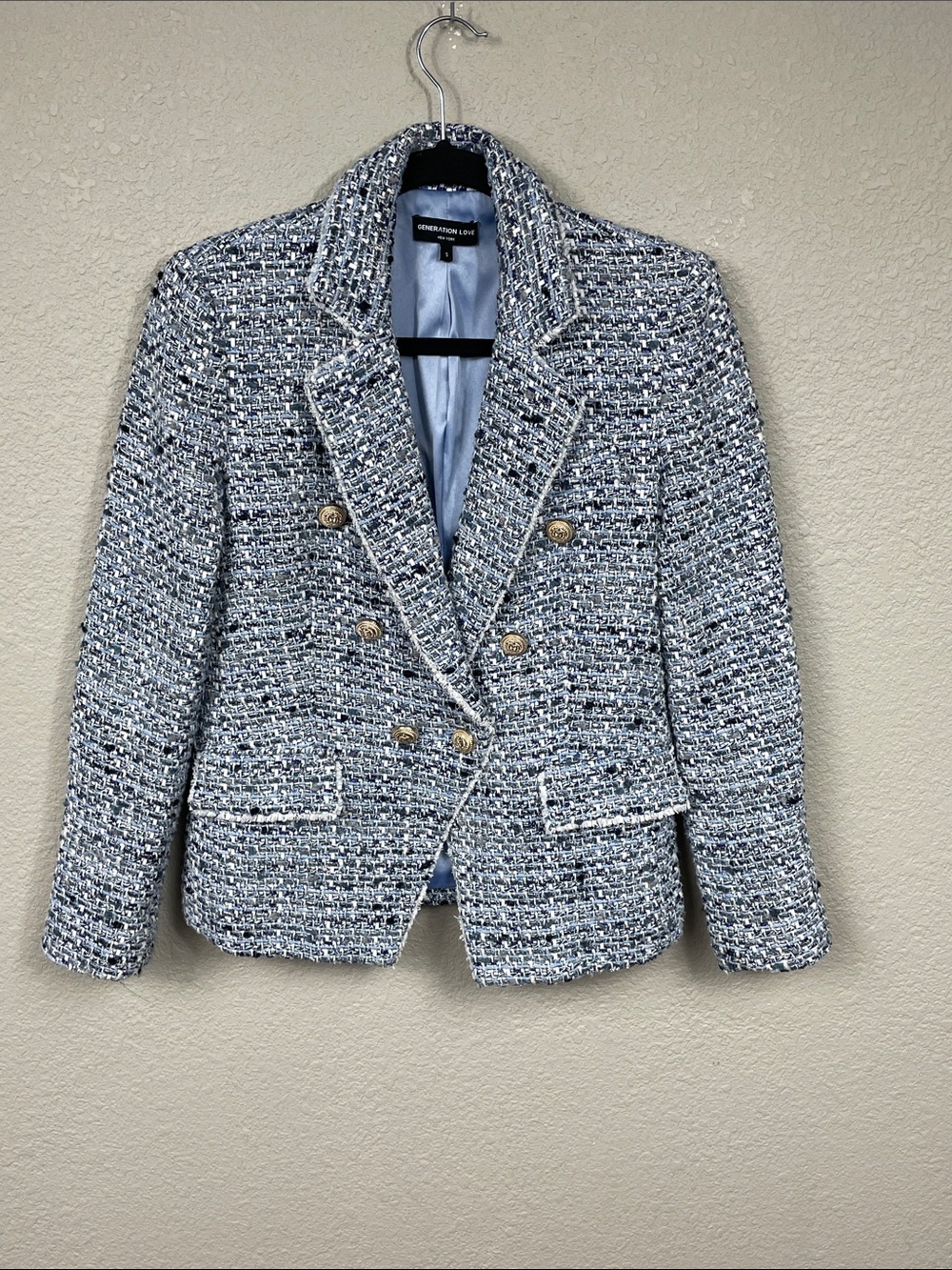 Generation Love Eliza Tweed Blazer Blue Silver Double Breasted Sz S - Picture 4 of 14